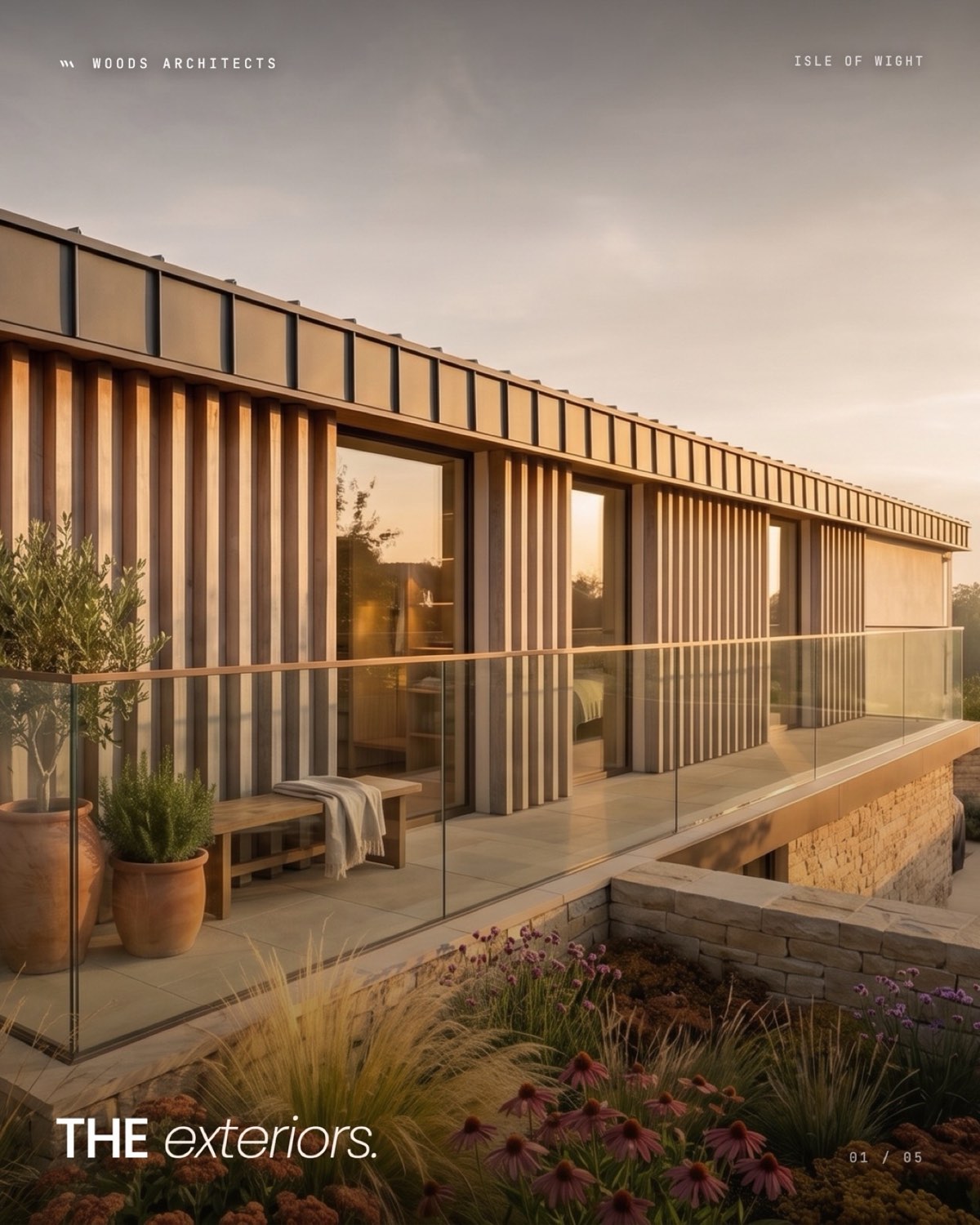 Cliff View — the recessed terrace at golden hour, from the awards portfolio