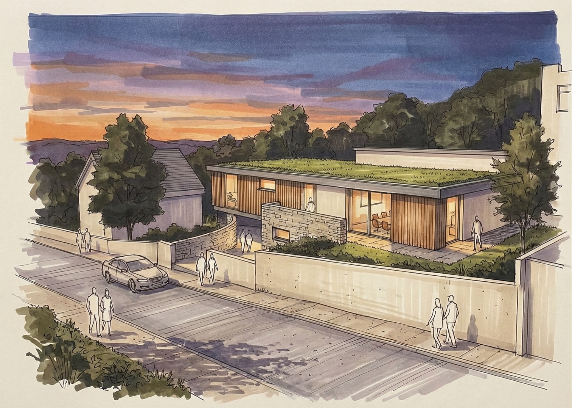 Cliff View — marker concept sketch of the street elevation