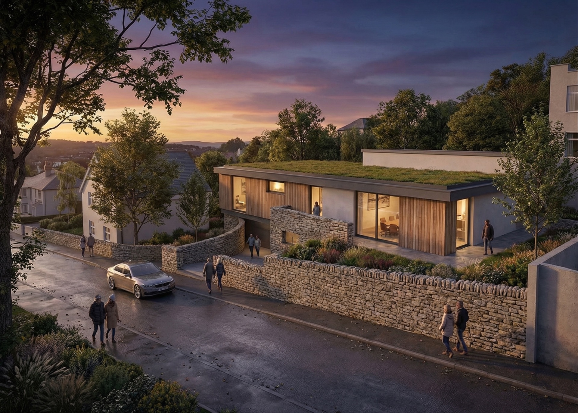 Cliff View — dry-stone walls and planting at dusk