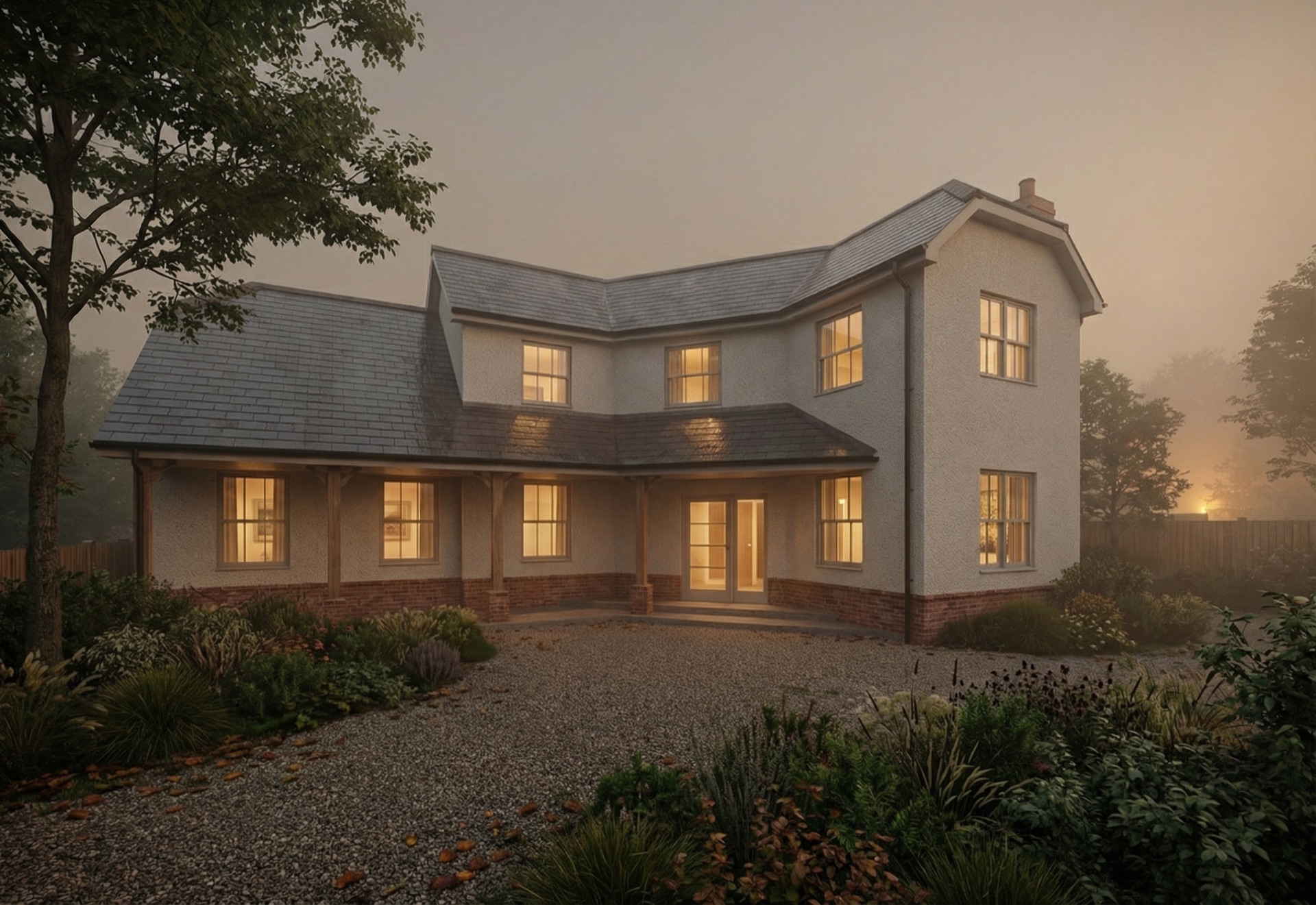 Landguard Manor Road — the house at dusk from the drive
