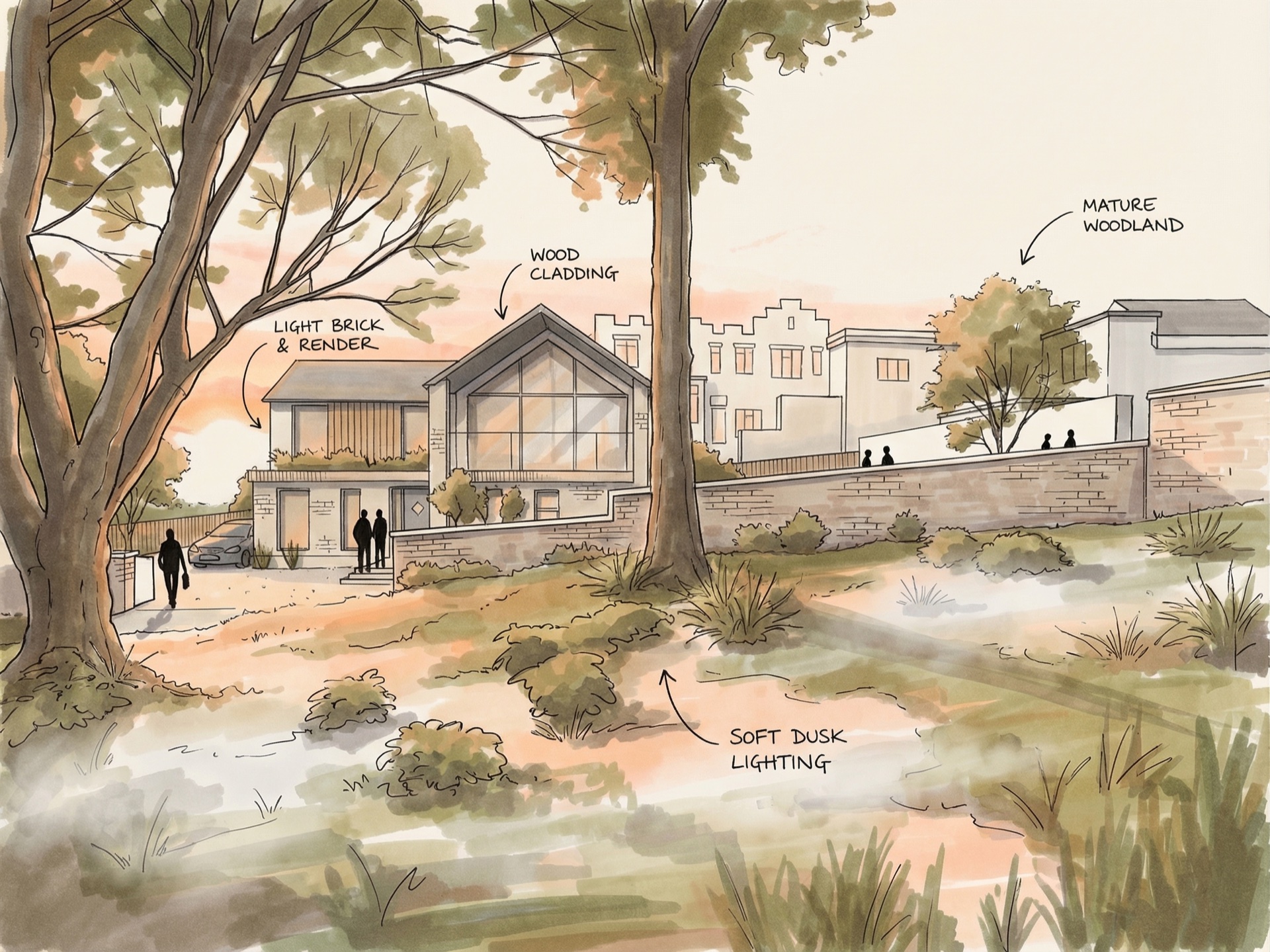 Rangers — annotated concept sketch: light brick and render, wood cladding, mature woodland